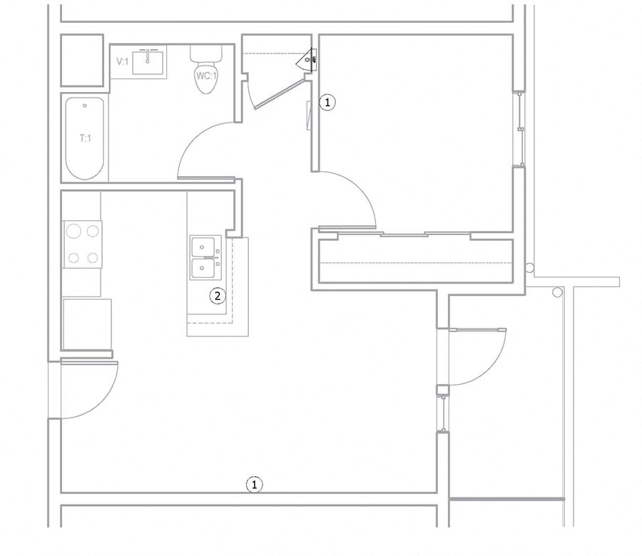 One bedroom floor plan  l The Meridian Apartments in Los Angeles, CA